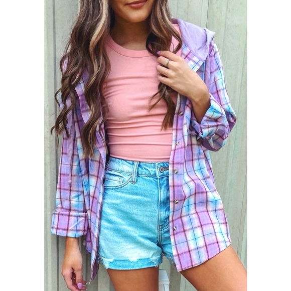 NEW Purple Plaid Shacket w/ hood - Picture 1 of 3